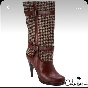 Cole Haan Air Kennedy Buckle Boot Houndstooth Flannel Fold Over brown